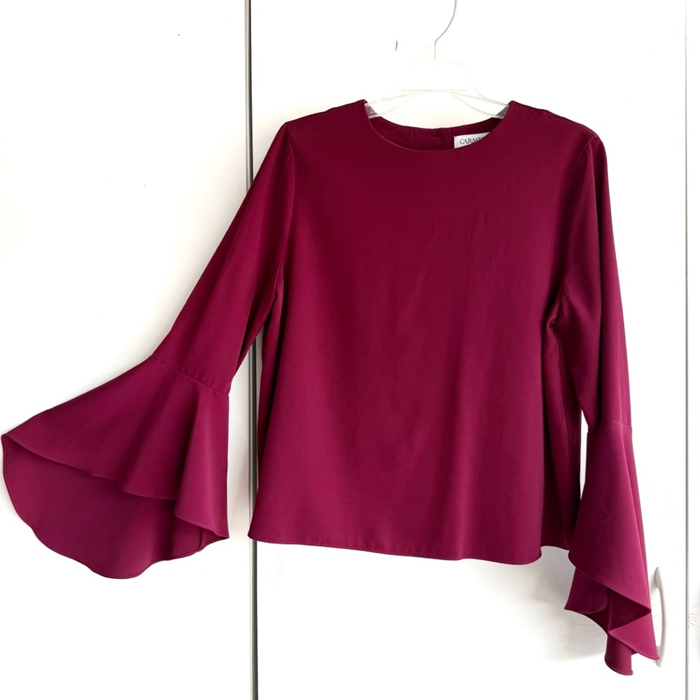 Carmen Marc Valvo Rich Burgundy Flare Sleeve Button Back Blouse Size 10